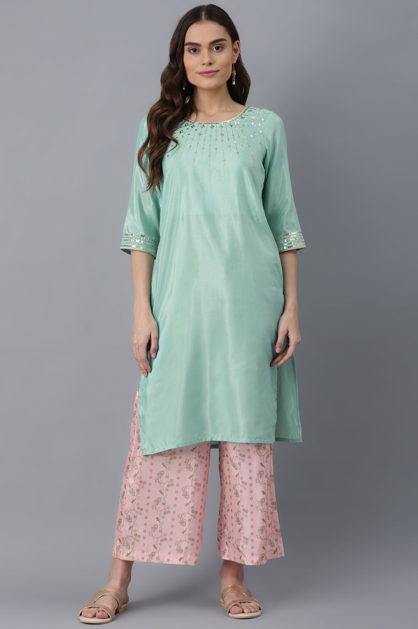 Green Embroidered kurta-Pink Palazzo Set