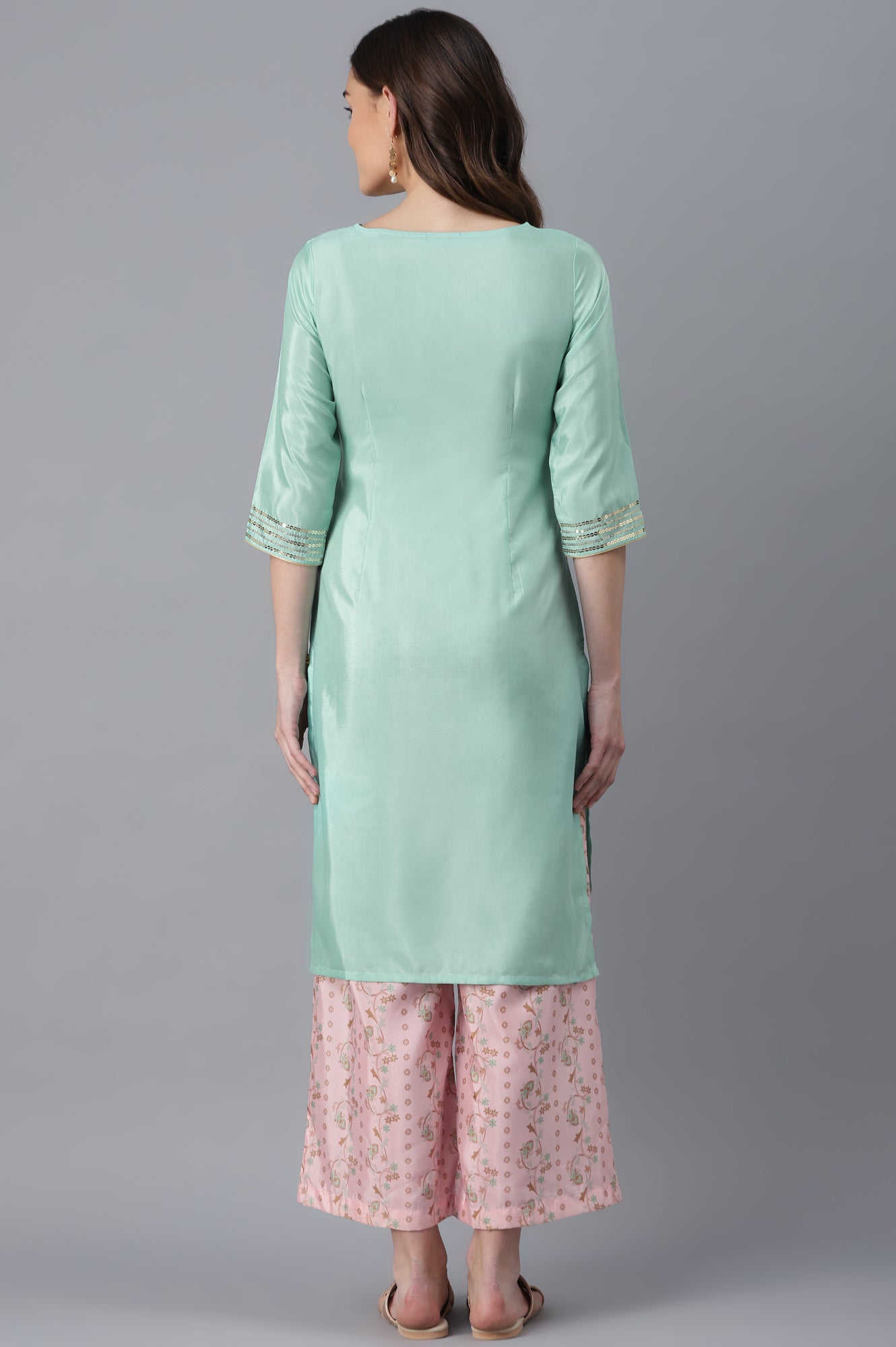 Green Embroidered kurta-Pink Palazzo Set