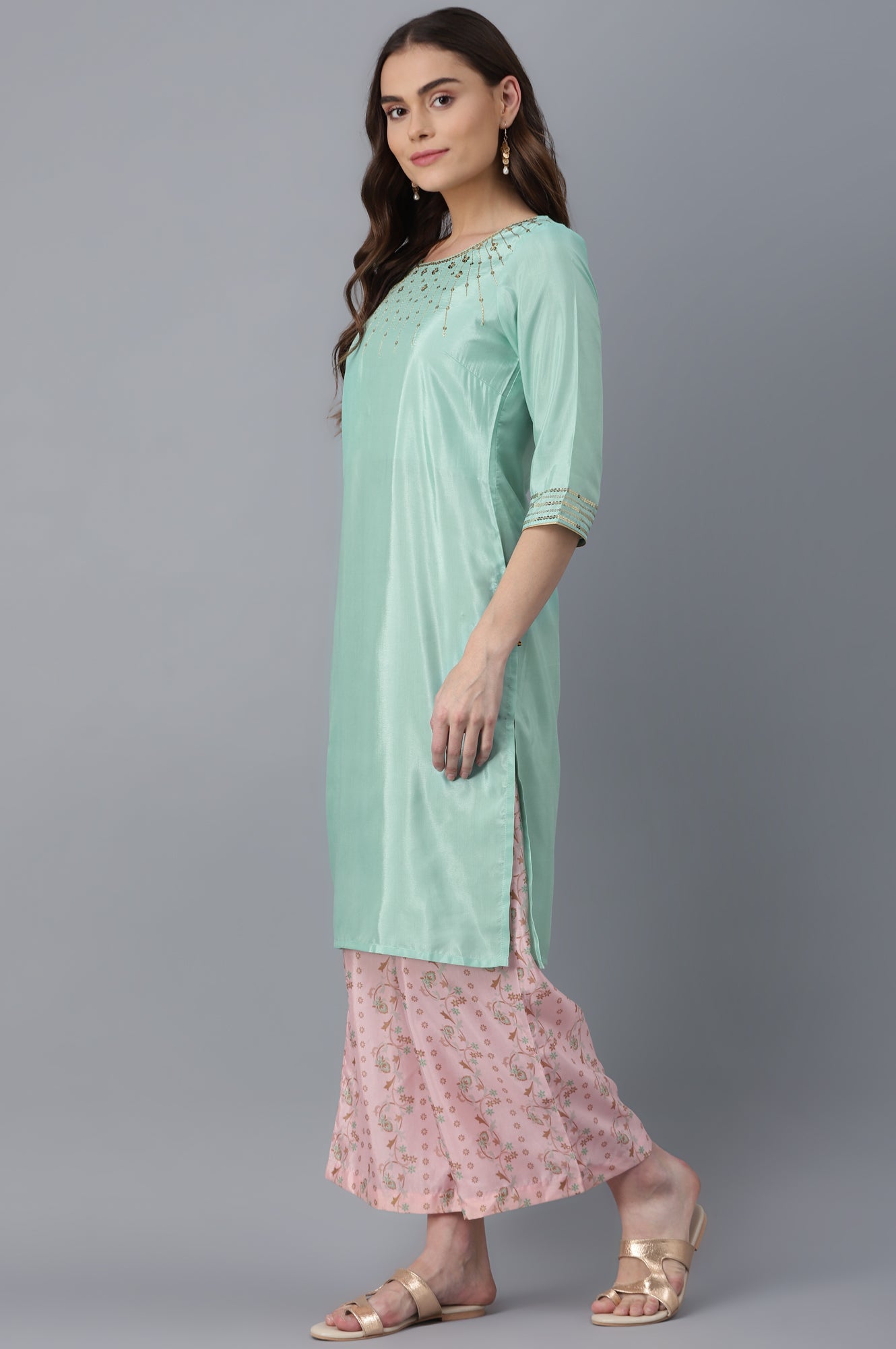 Green Embroidered kurta-Pink Palazzo Set