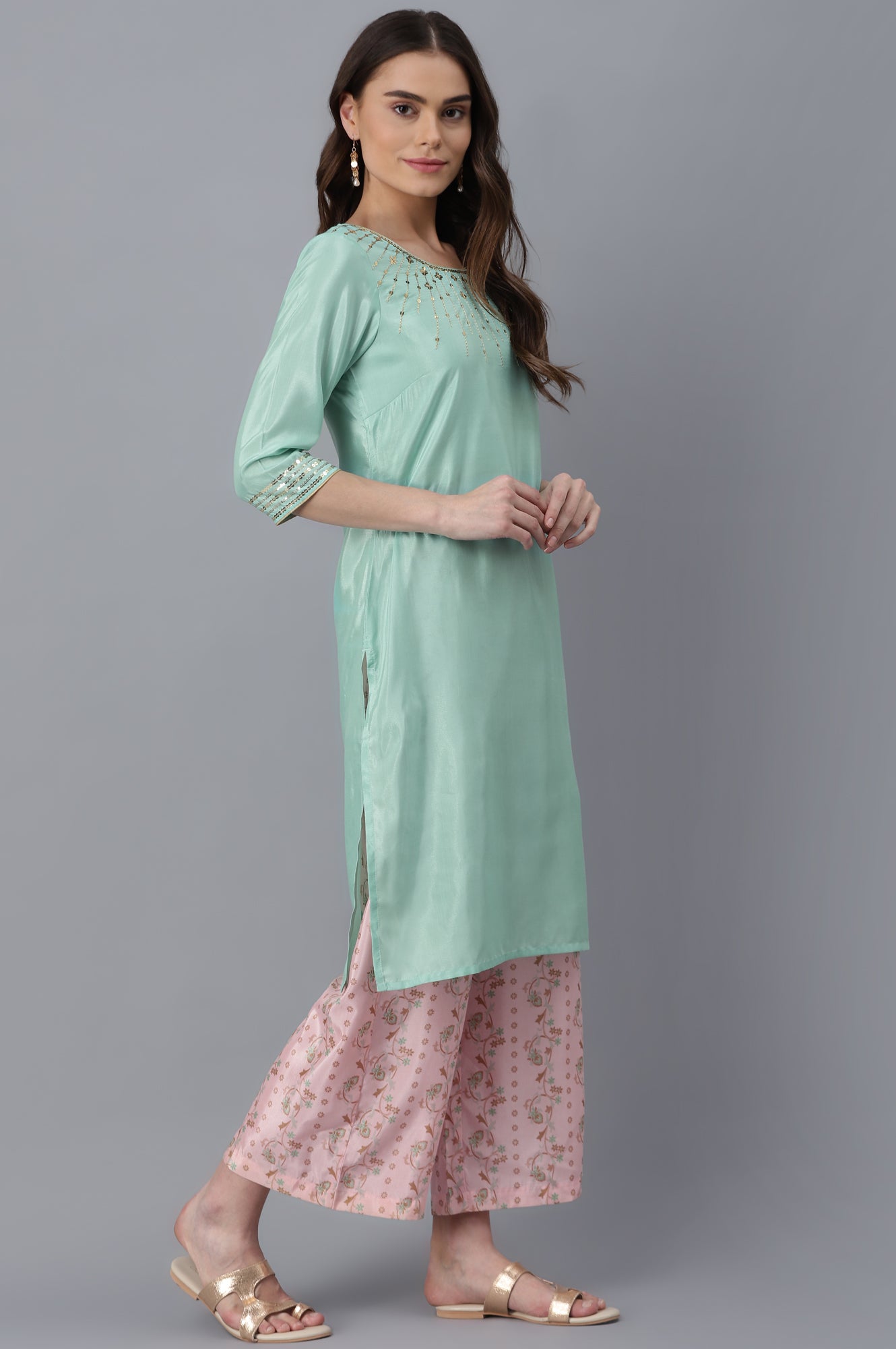 Green Embroidered kurta-Pink Palazzo Set