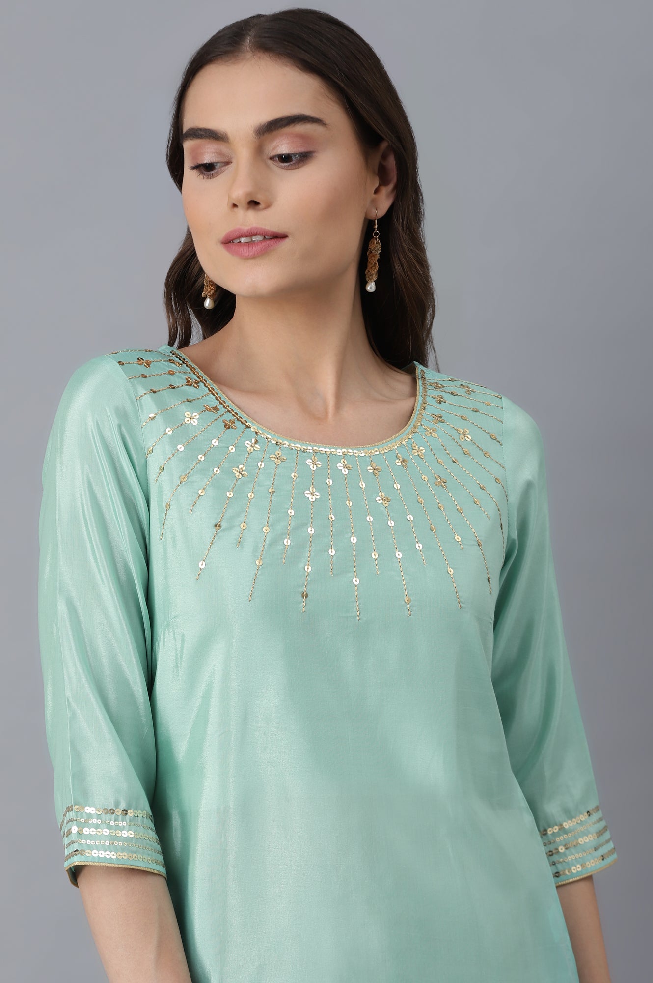 Green Embroidered kurta-Pink Palazzo Set