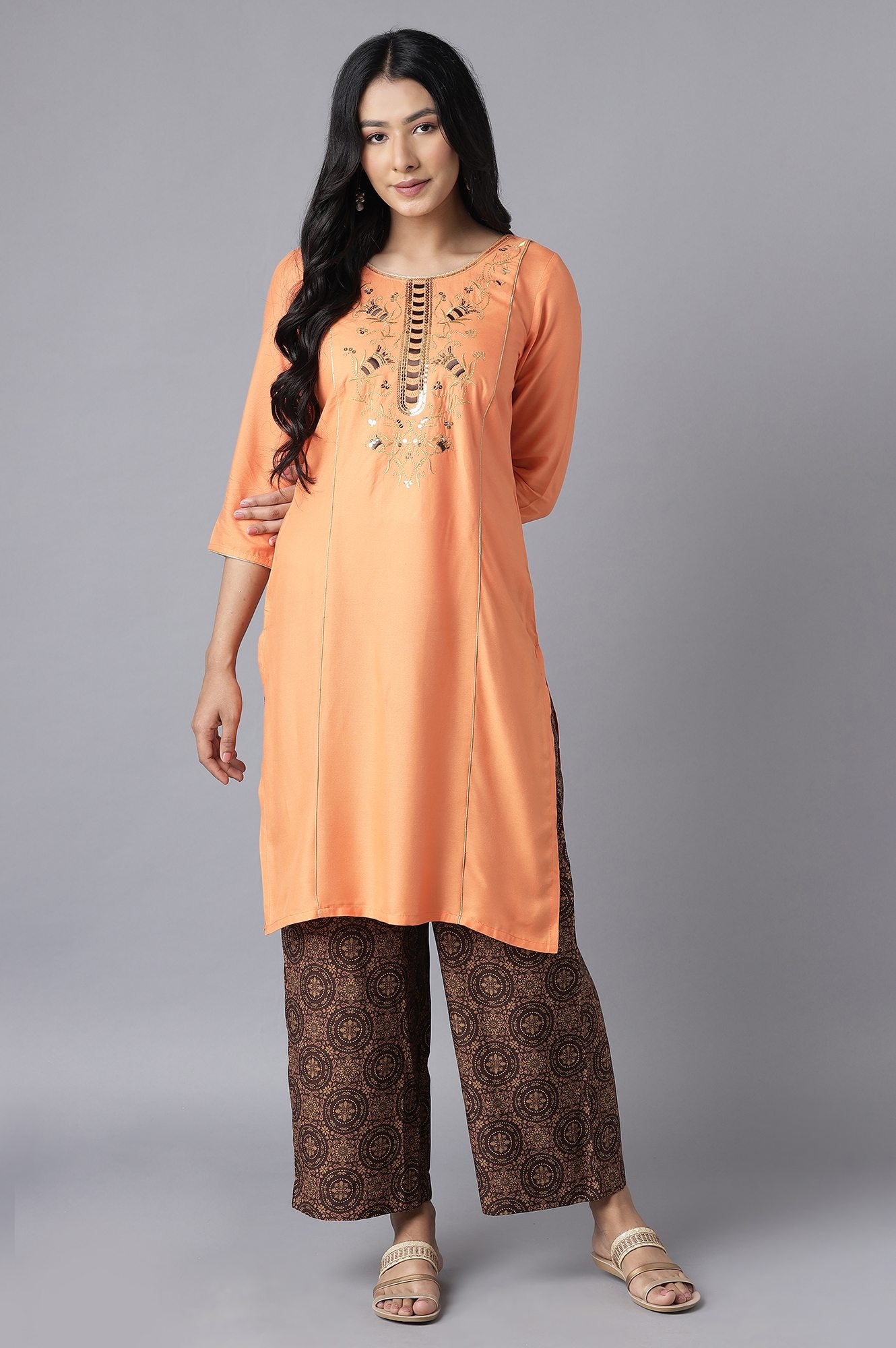 Orange Embroidered kurta-Brown Culottes