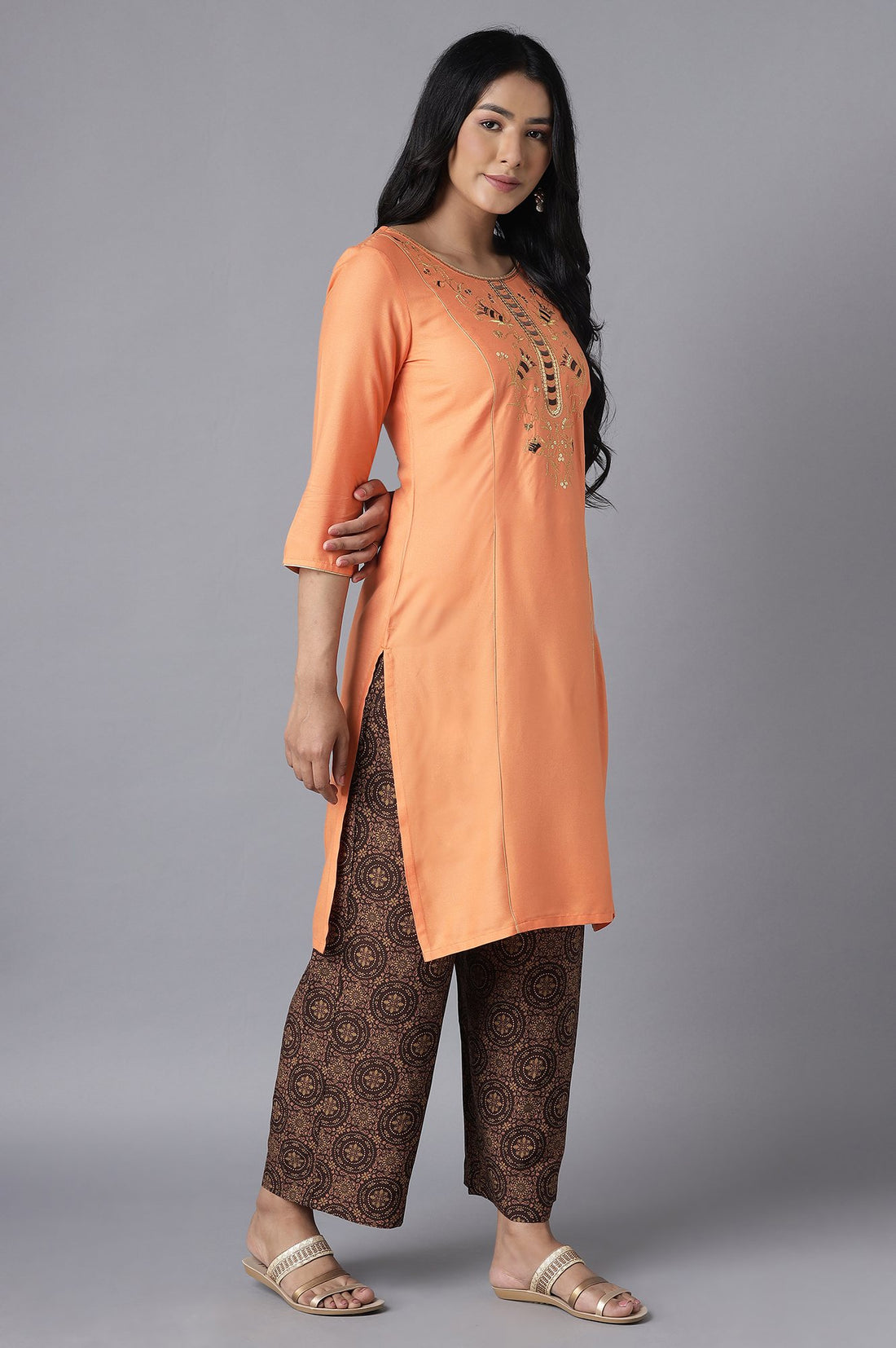 Orange Embroidered kurta-Brown Culottes