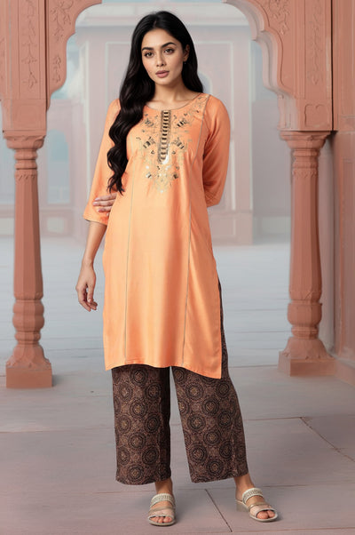 Orange Embroidered kurta-Brown Culottes