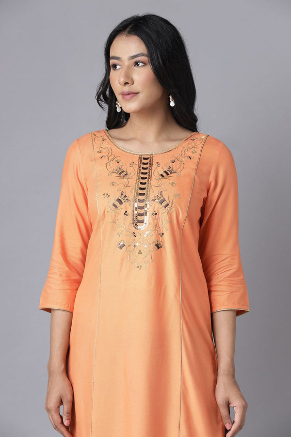 Orange Embroidered kurta-Brown Culottes