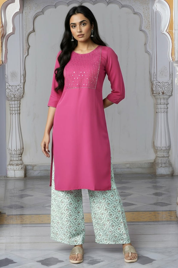 Pink kurta-Blue Palazzo Set