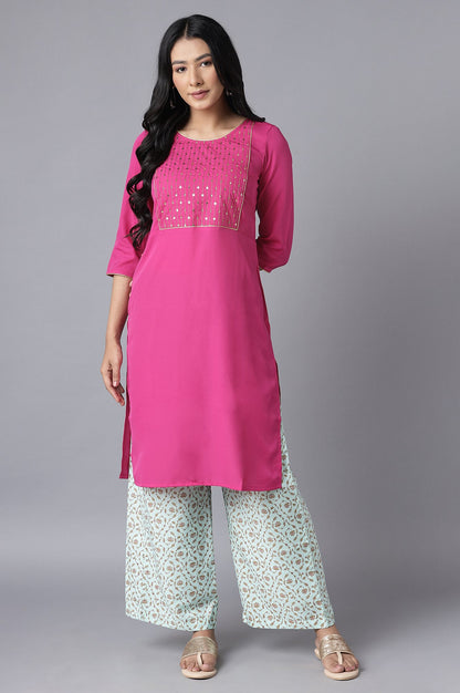 Pink kurta-Blue Palazzo Set