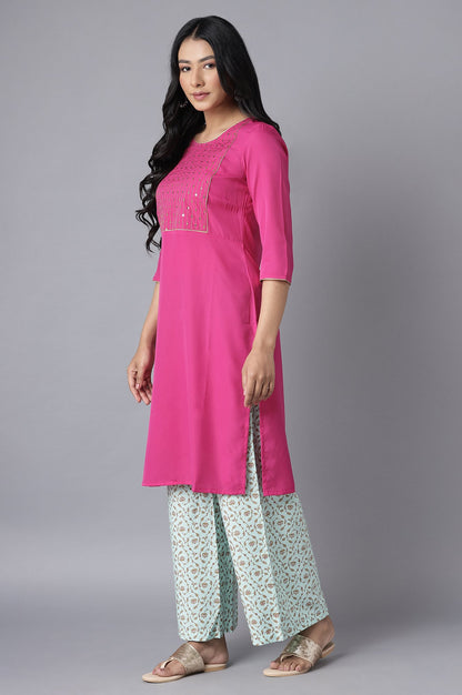 Pink kurta-Blue Palazzo Set