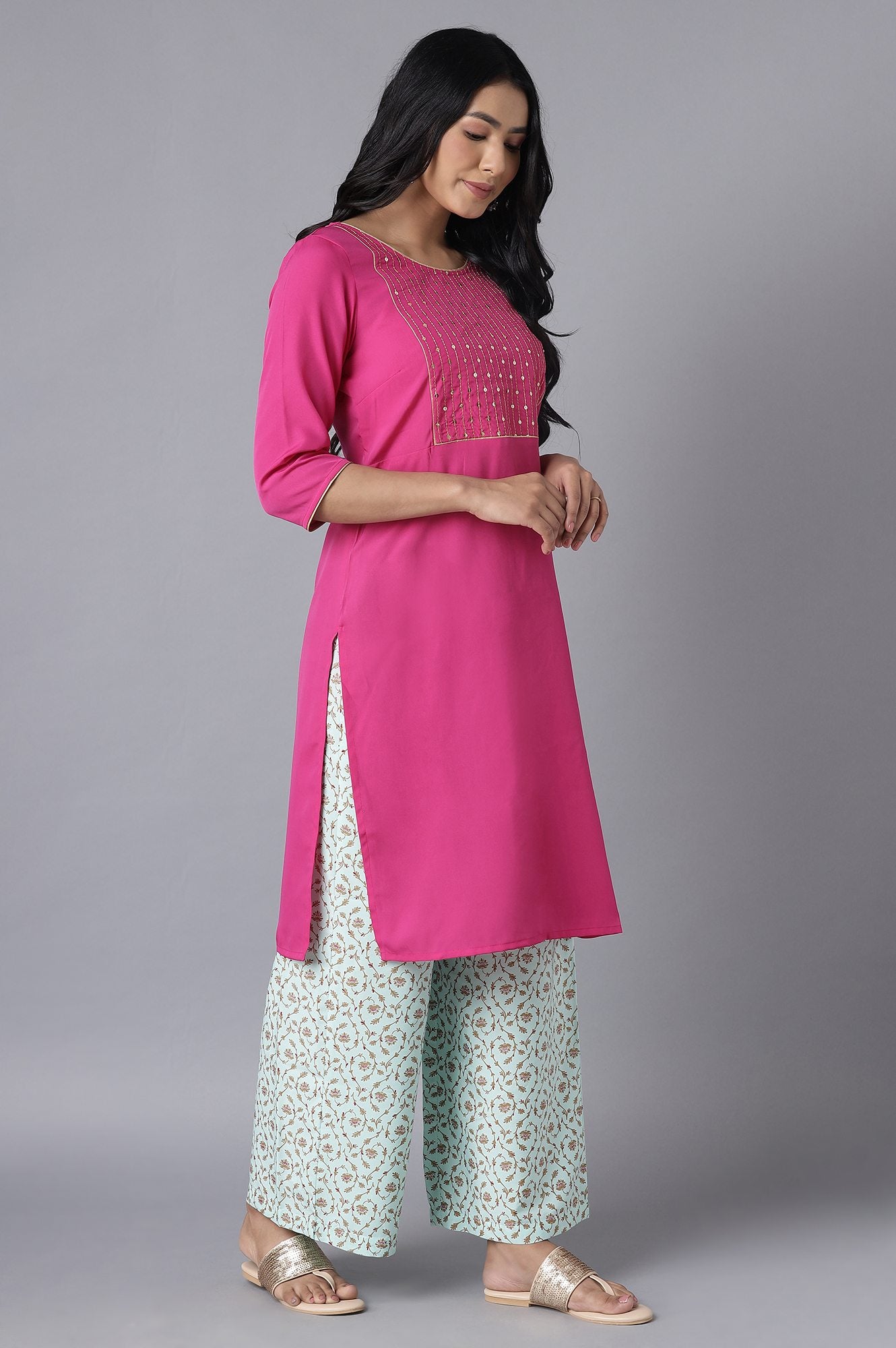 Pink kurta-Blue Palazzo Set