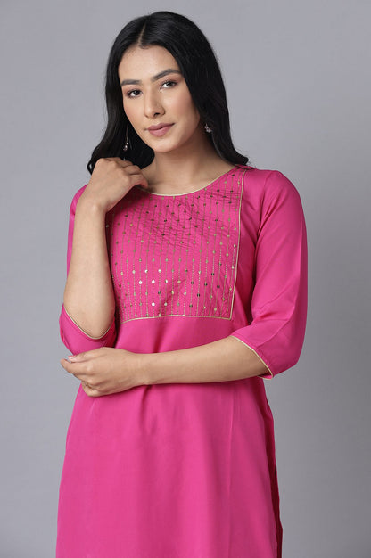 Pink kurta-Blue Palazzo Set