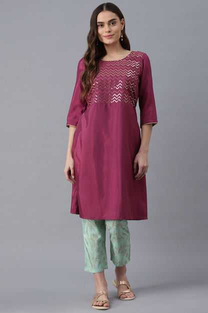 Purple Embroidered kurta-Green Trousers Set