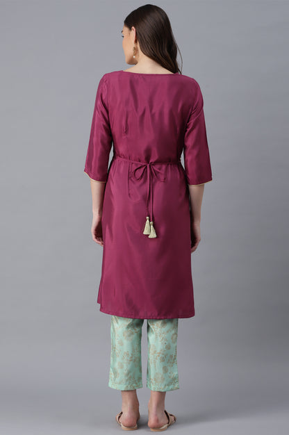 Purple Embroidered kurta-Green Trousers Set