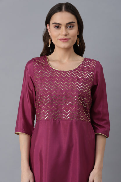 Purple Embroidered kurta-Green Trousers Set