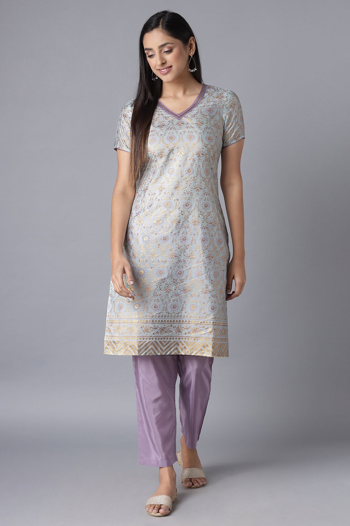 Blue Glitter Print kurta-Purple Trousers Set