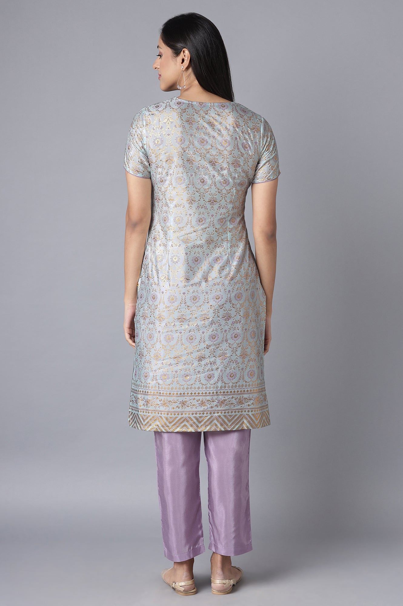 Blue Glitter Print kurta-Purple Trousers Set