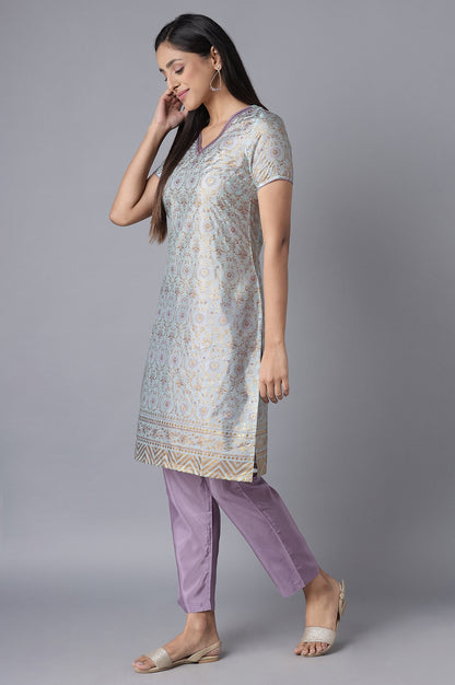 Blue Glitter Print kurta-Purple Trousers Set