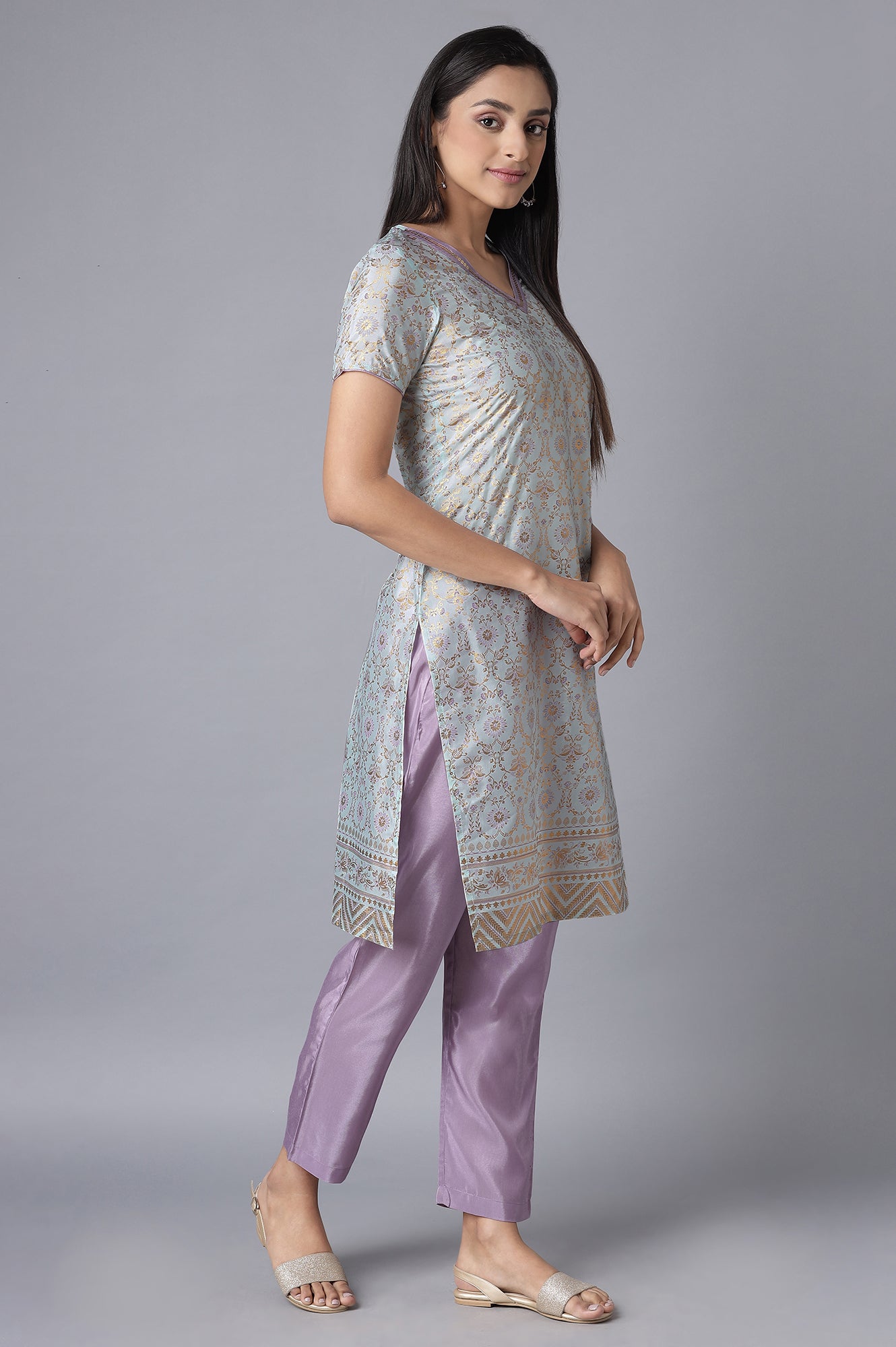 Blue Glitter Print kurta-Purple Trousers Set