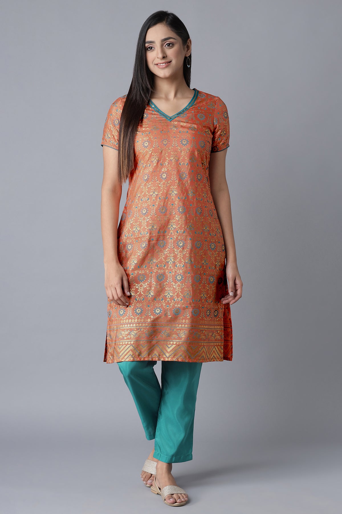 Orange Glitter Print kurta-Blue Trousers Set - XS