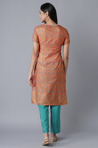 Orange Glitter Print kurta-Blue Trousers Set