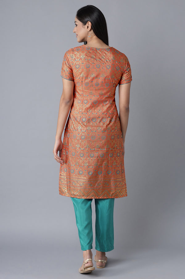 Orange Glitter Print kurta-Blue Trousers Set