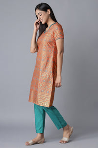 Orange Glitter Print kurta-Blue Trousers Set