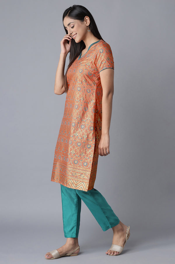 Orange Glitter Print kurta-Blue Trousers Set