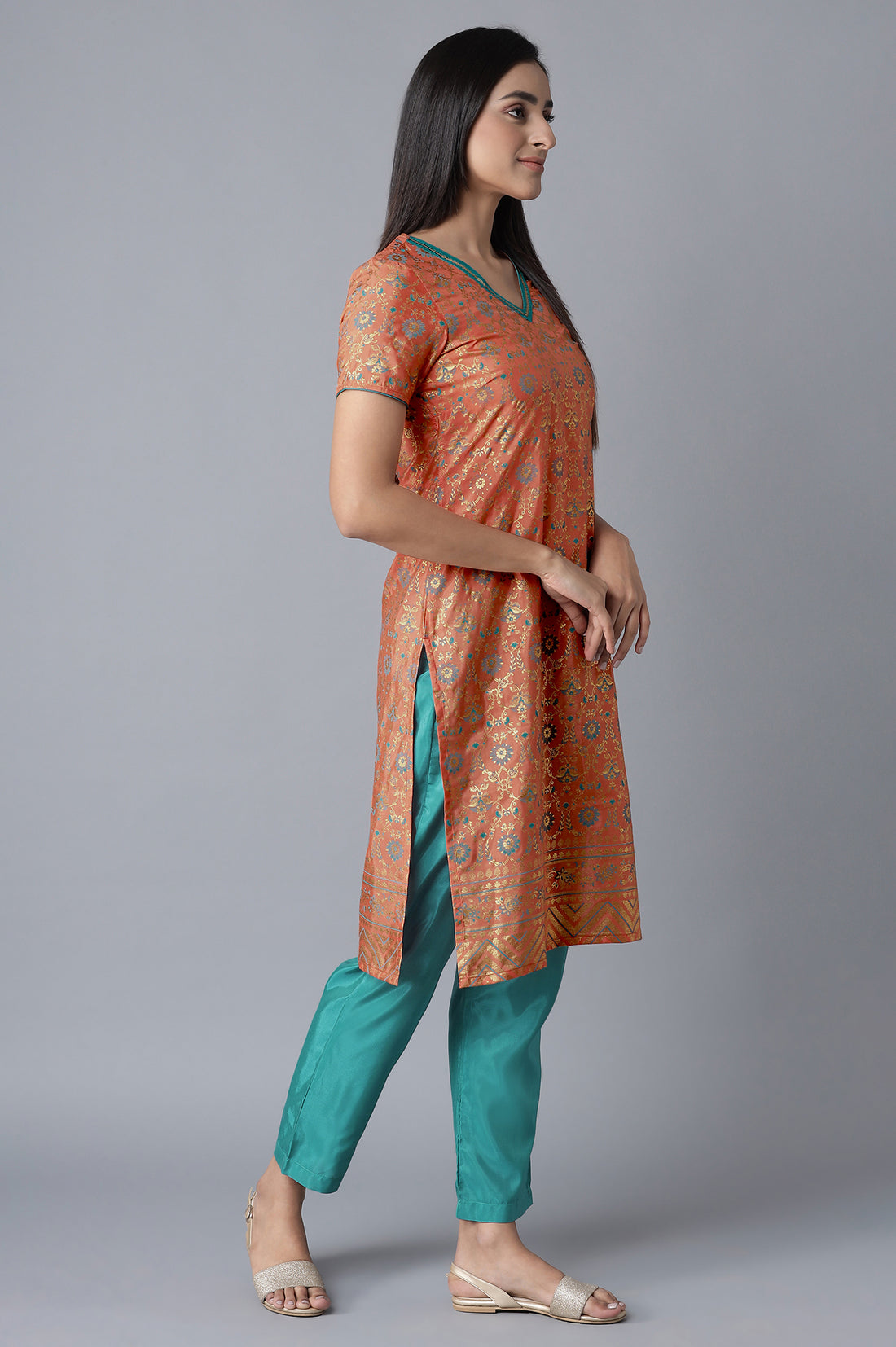 Orange Glitter Print kurta-Blue Trousers Set