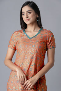 Orange Glitter Print kurta-Blue Trousers Set