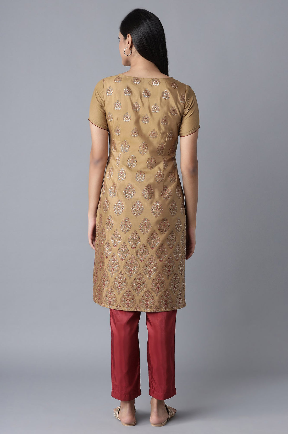 Beige Glitter Print kurta-Maroon Trousers Set