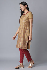Beige Glitter Print kurta-Maroon Trousers Set