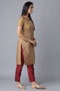 Beige Glitter Print kurta-Maroon Trousers Set