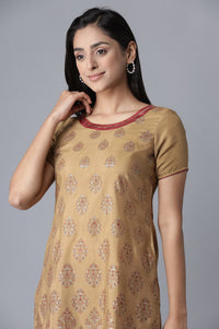 Beige Glitter Print kurta-Maroon Trousers Set