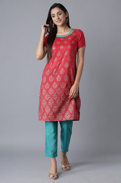 Red Glitter Print kurta-Green Trousers Set