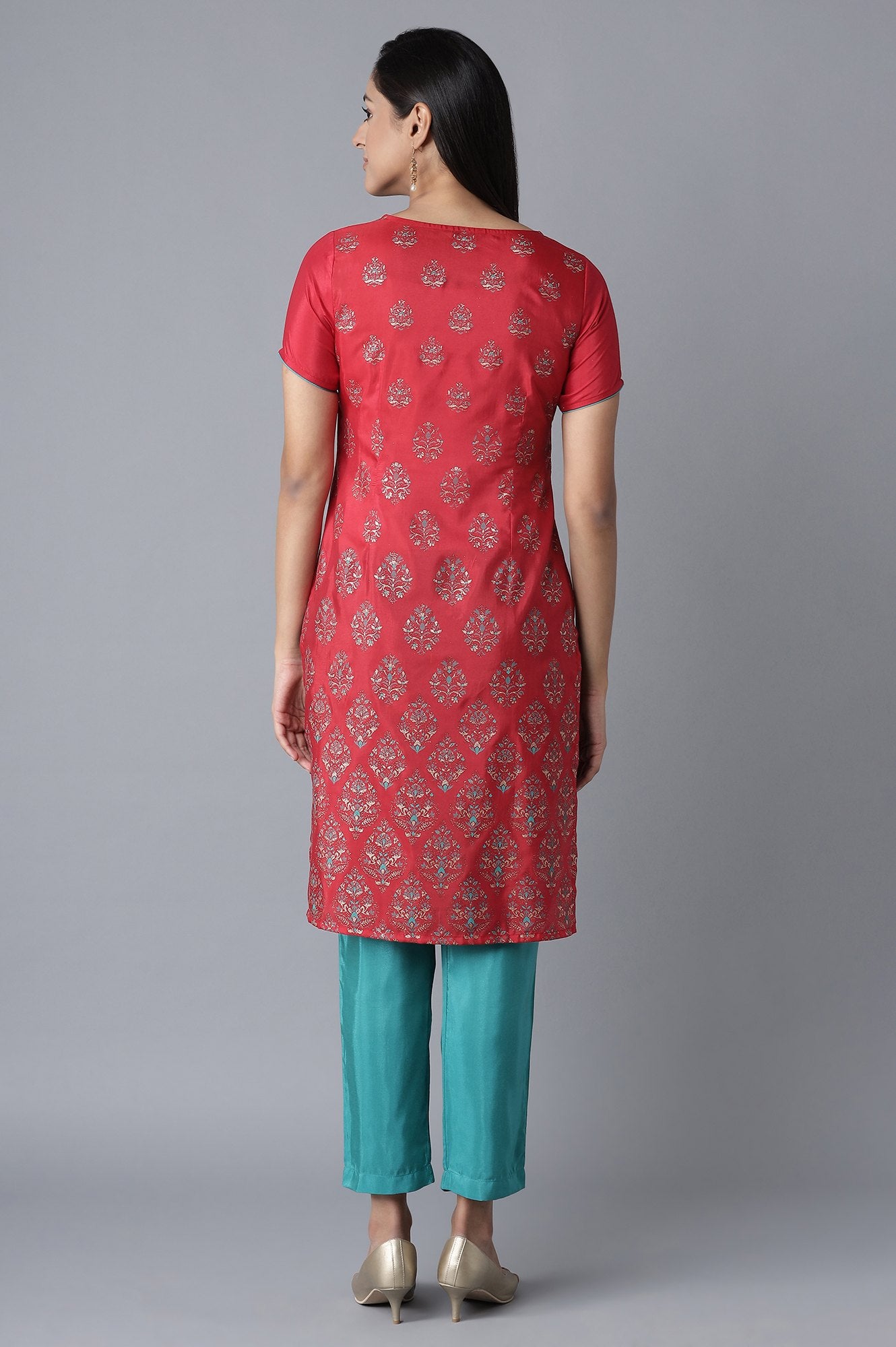 Red Glitter Print kurta-Green Trousers Set