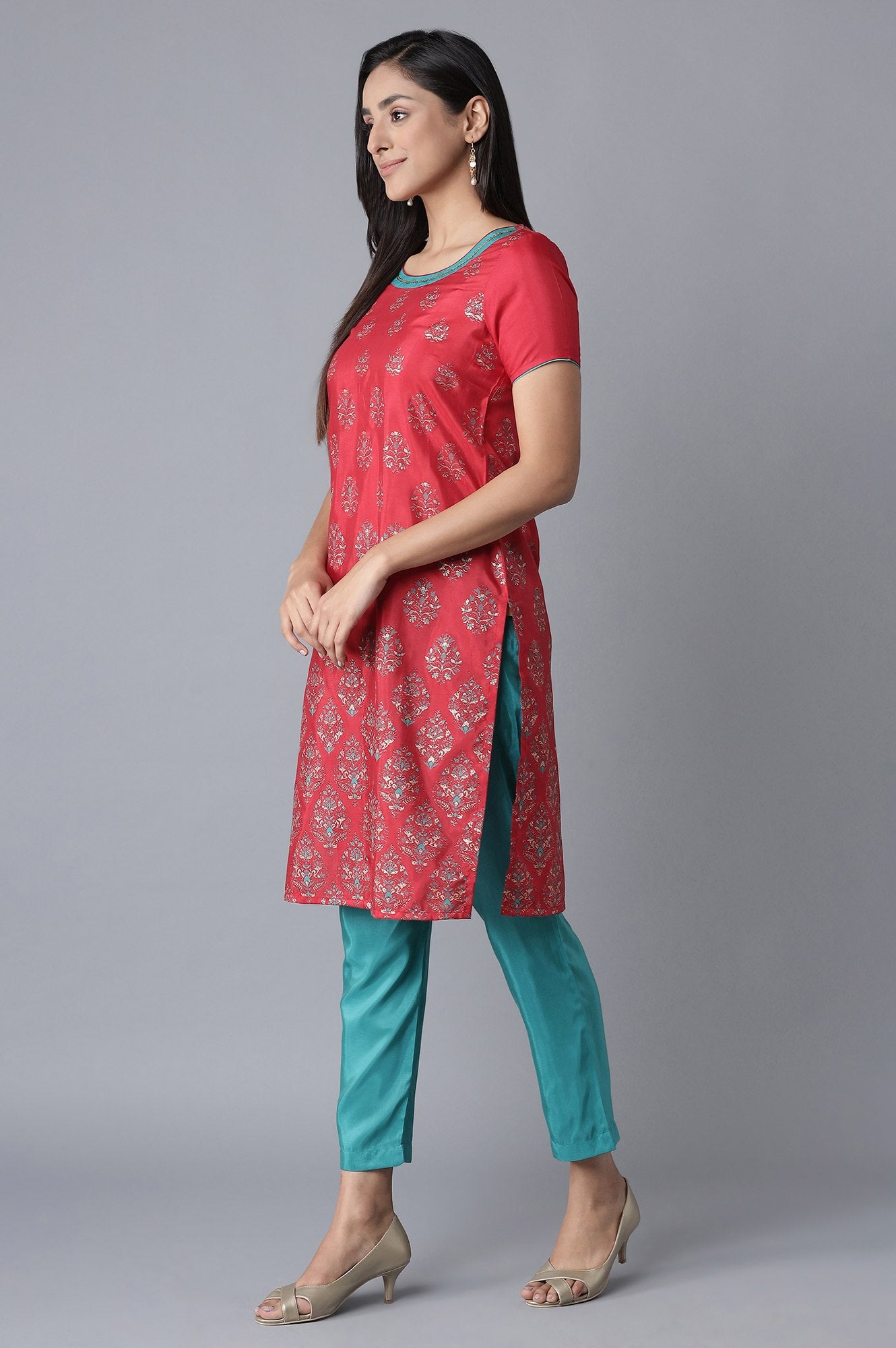 Red Glitter Print kurta-Green Trousers Set