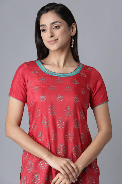 Red Glitter Print kurta-Green Trousers Set