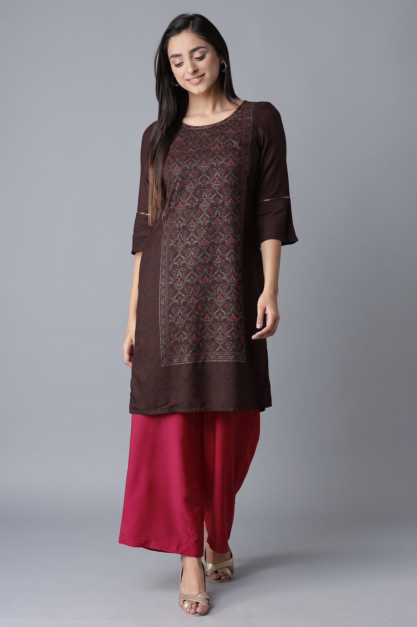 Brown kurta-Red Palazzo Set