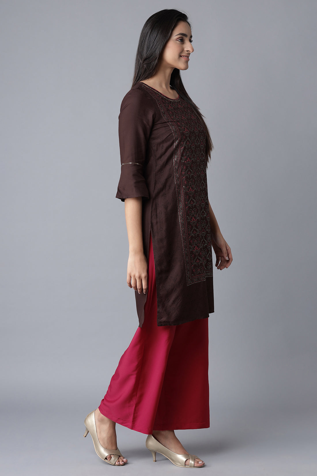 Brown kurta-Red Palazzo Set