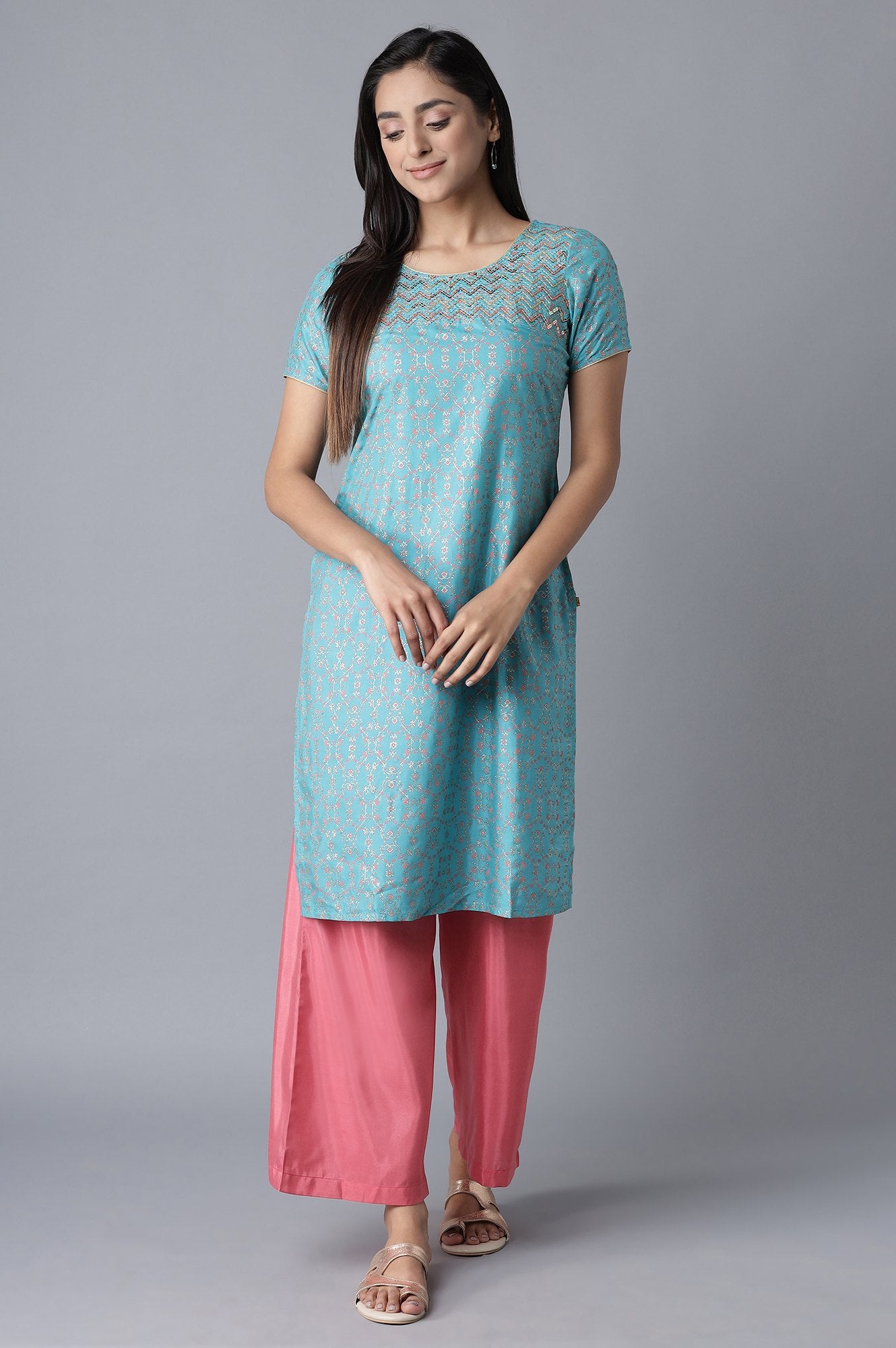 Blue kurta- Pink Straight Palazzo Set