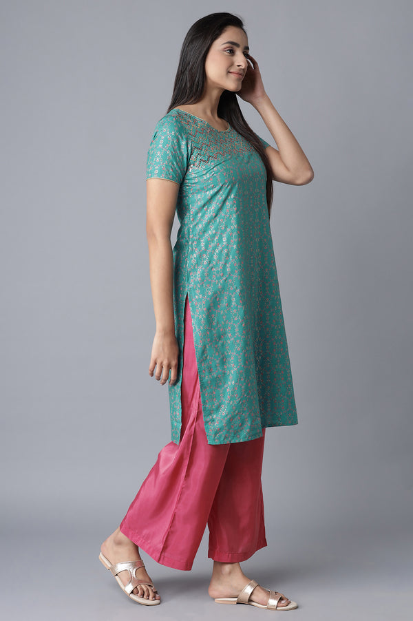 Blue kurta- Pink Straight Palazzo Set