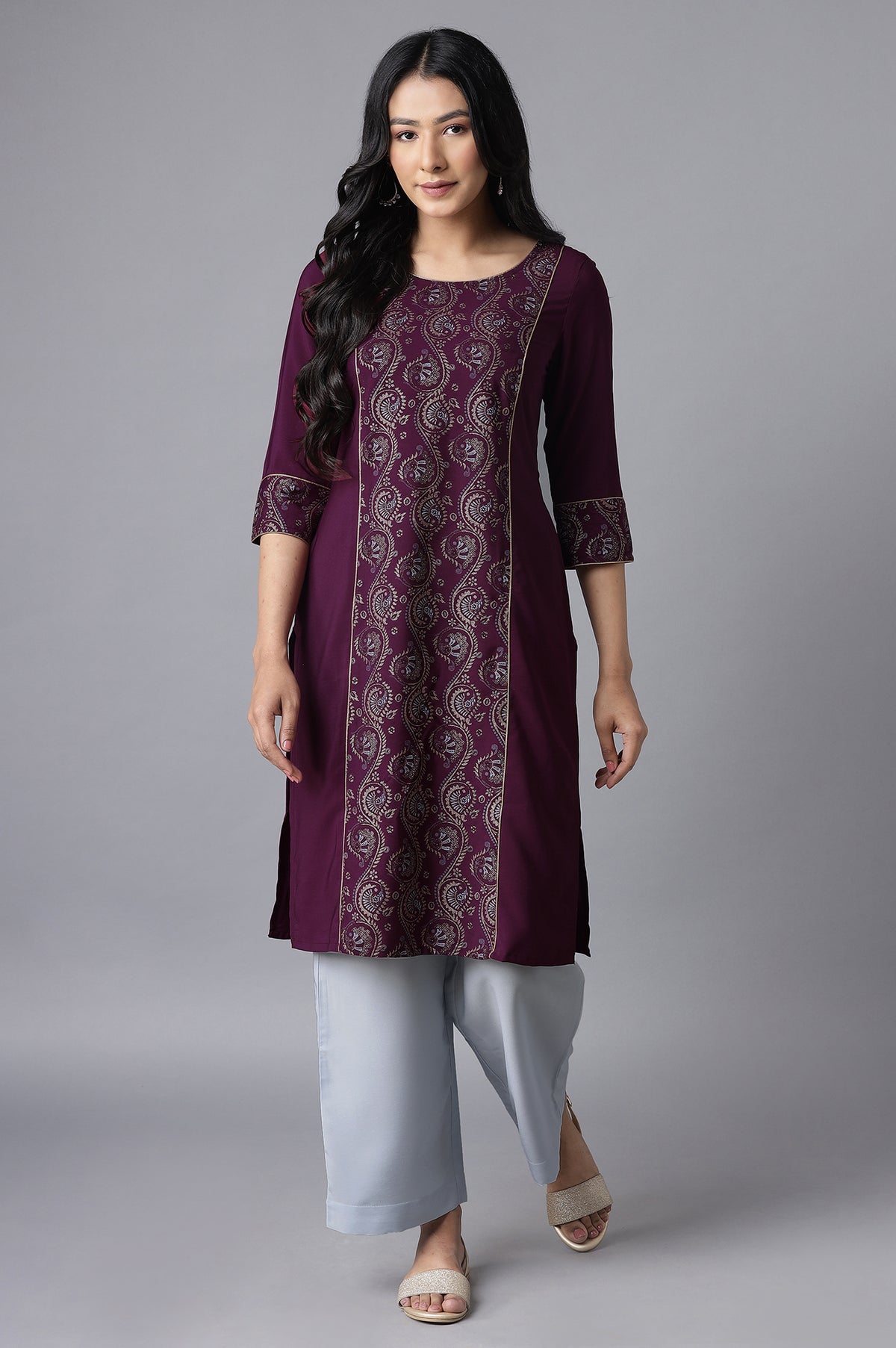 Purple Embroidered kurta-Blue Culottes - XS