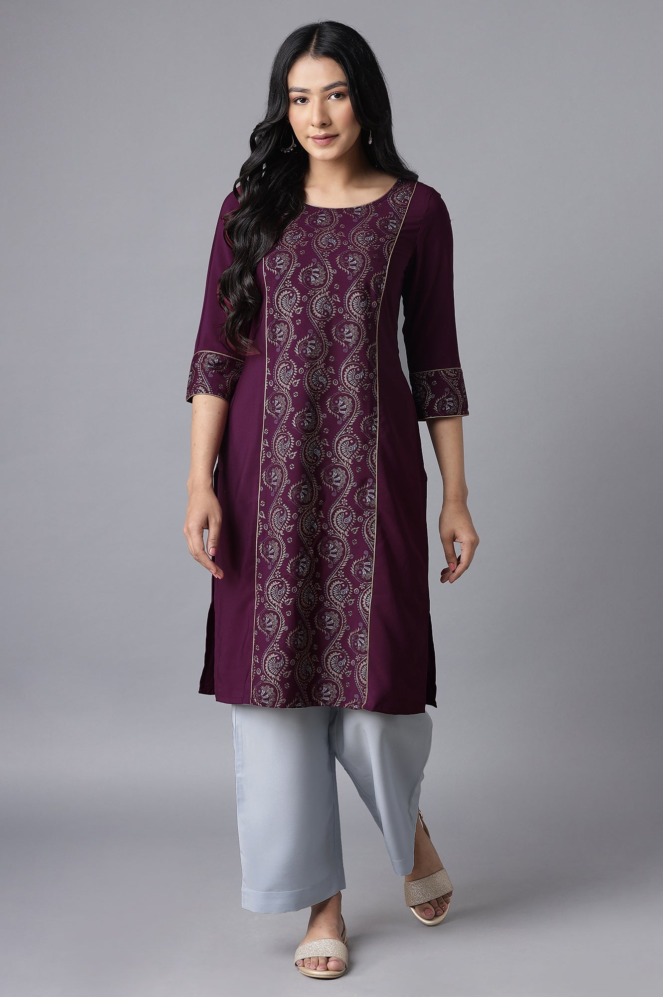 Purple Embroidered kurta-Blue Culottes