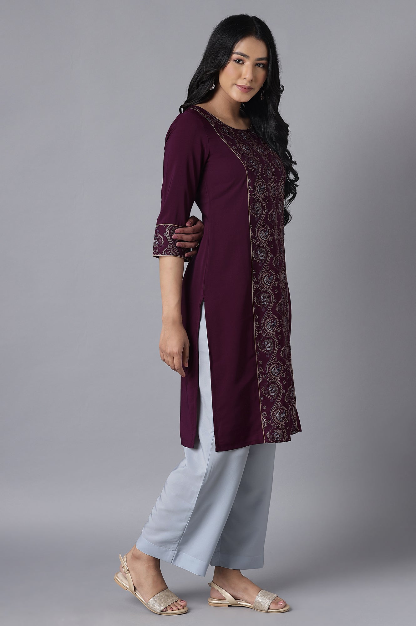 Purple Embroidered kurta-Blue Culottes