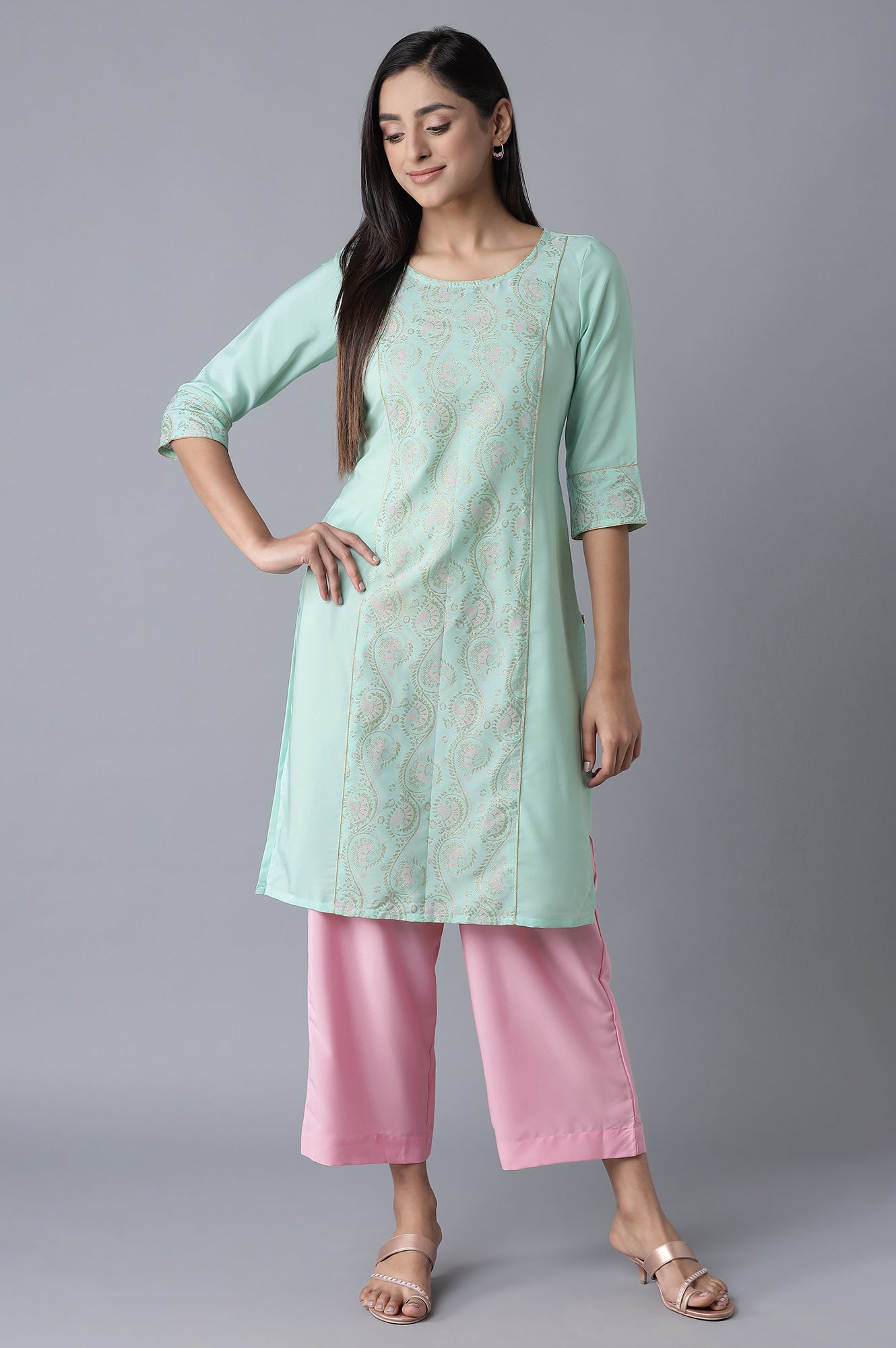 Green Embroidered kurta-Pink Culottes