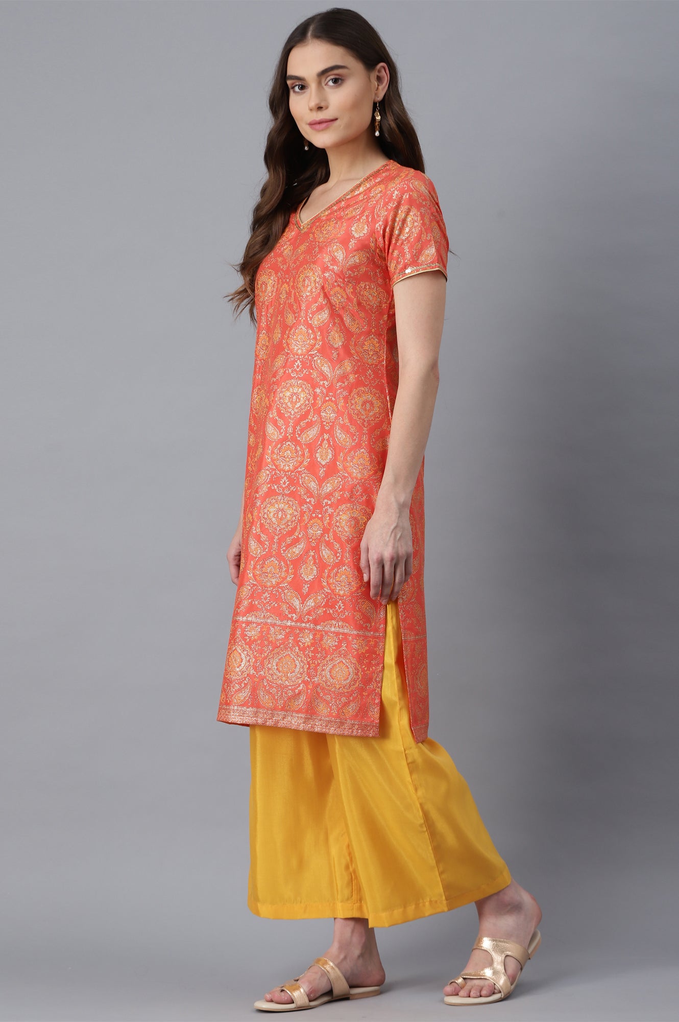 Orange kurta- Yellow Palazzo Set