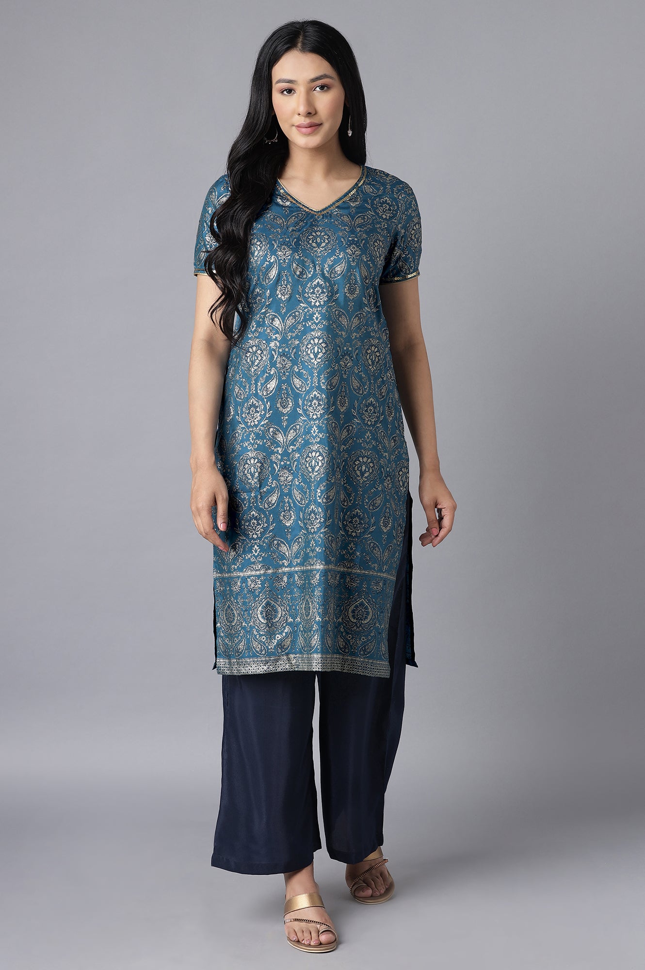 Blue kurta- Straight Palazzo Set