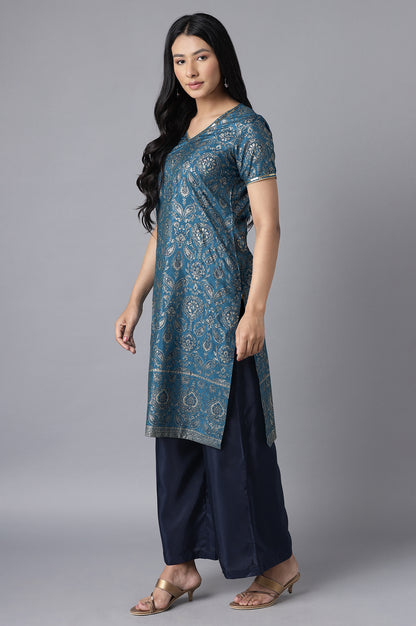 Blue kurta- Straight Palazzo Set