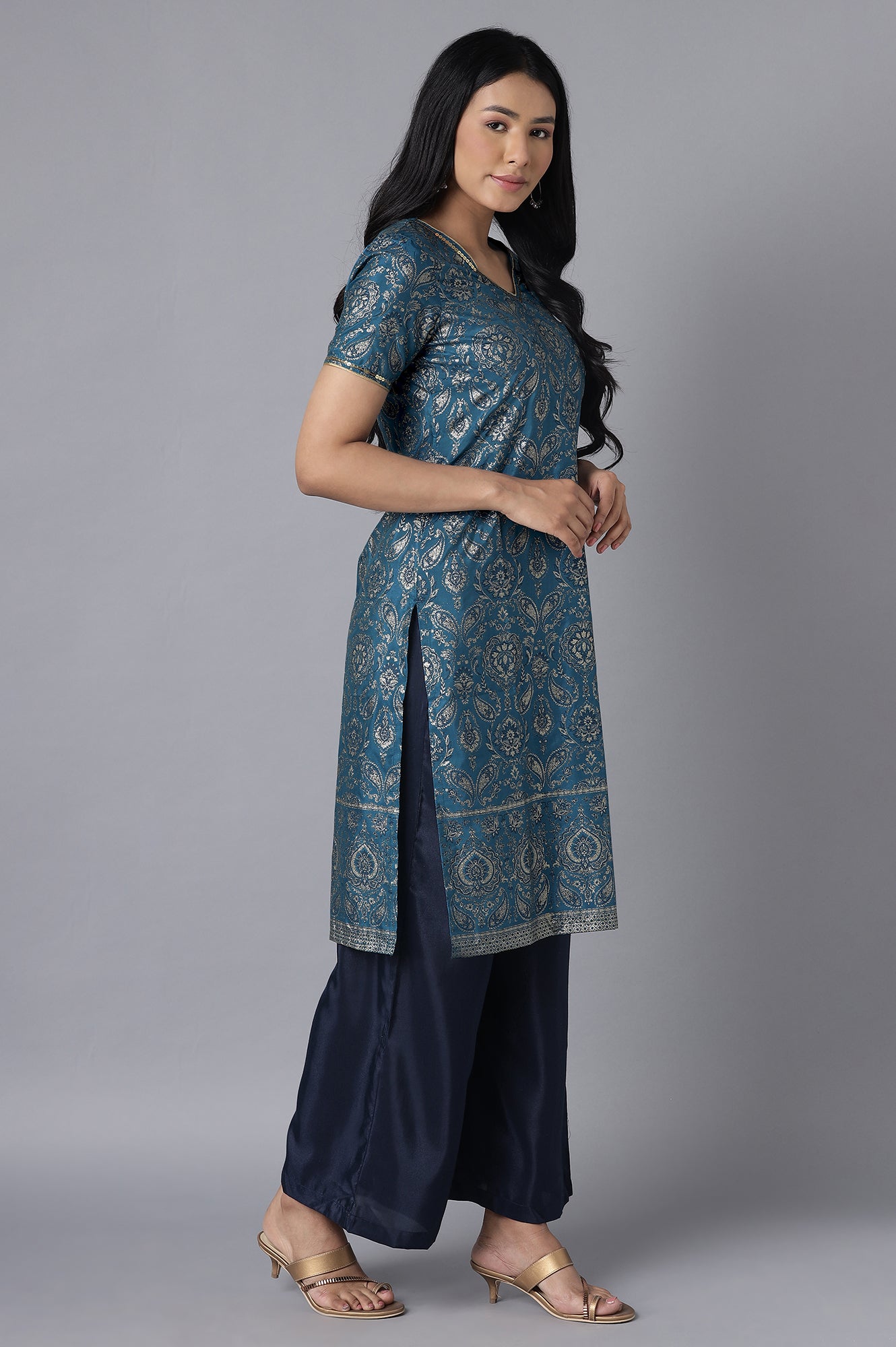 Blue kurta- Straight Palazzo Set