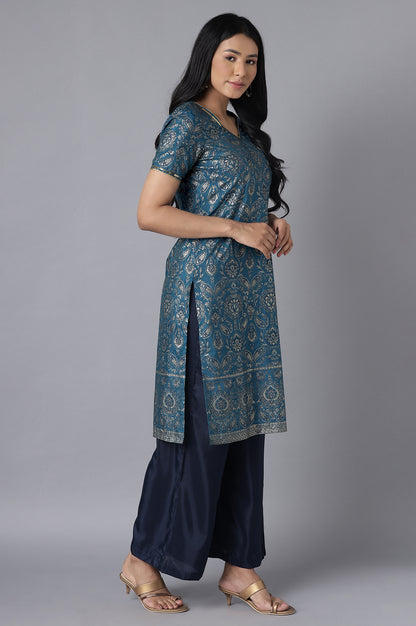 Blue kurta- Straight Palazzo Set