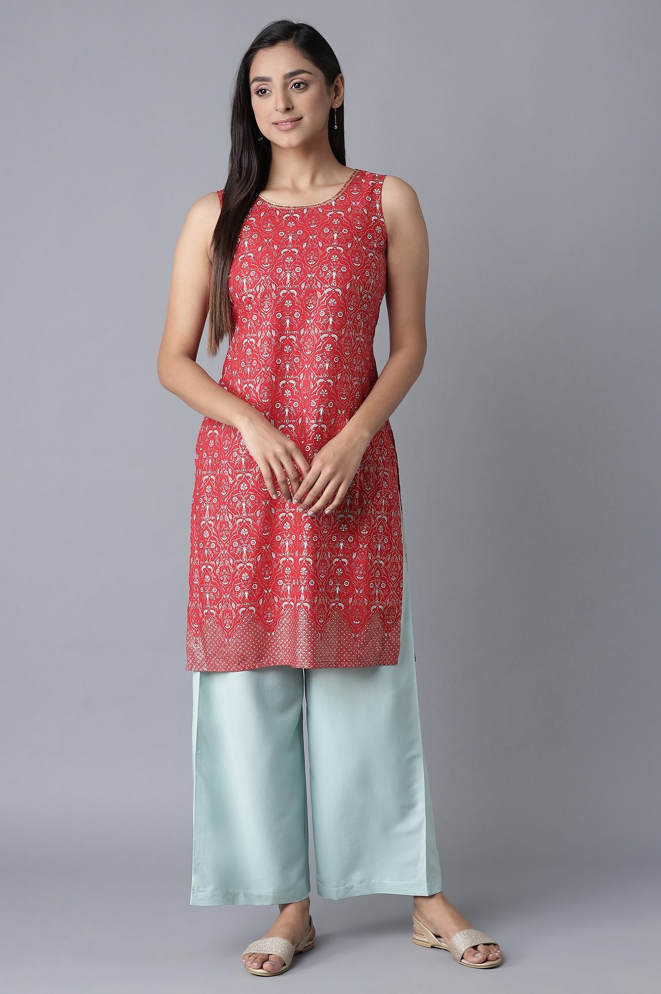 Red kurta-Blue Palazzo Set